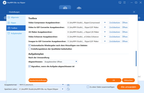 Toolbox Einstellungen