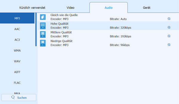 Audiospur und Ausgabeformat wählen