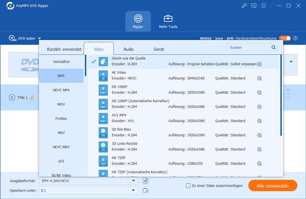 MP4 als Ausgabeformat von DVD auswählen