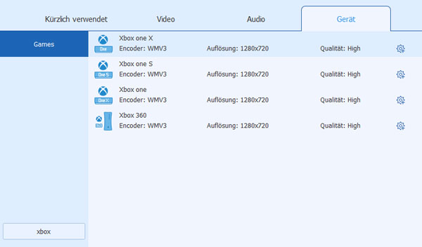 Ausgabeformat für Xbox One wählen