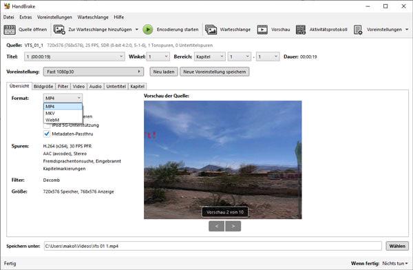 Ausgabeformat einstellen bei HandBrake