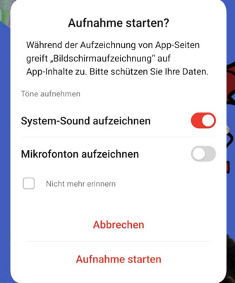 Aufnahme auf Android starten