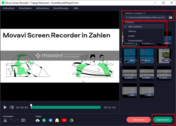 die Aufnahme speichern