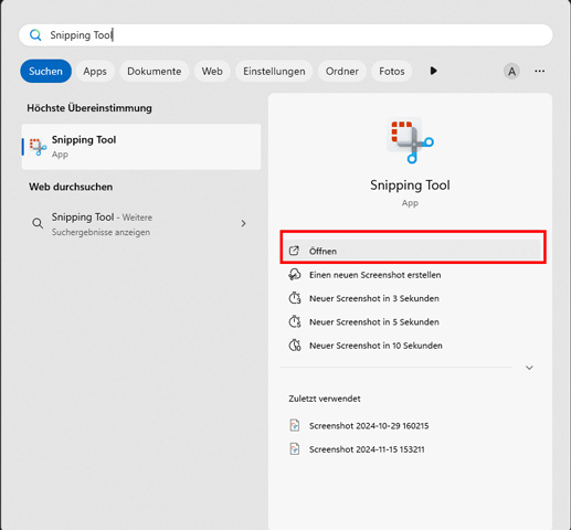 Snipping Tool Software starten
