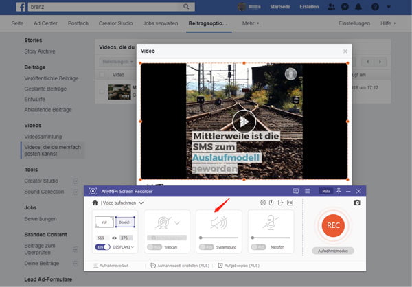 Aufnamebereich für Facebook Video anpassen