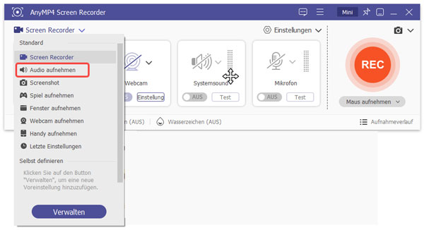 Den gewünschten Aufnahmemodus auswählen