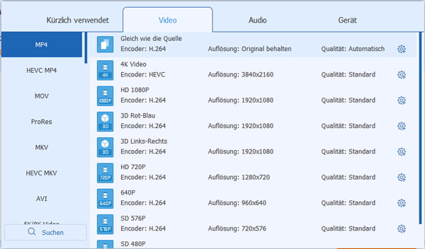 Ausgabeprofil für iTunes wählen