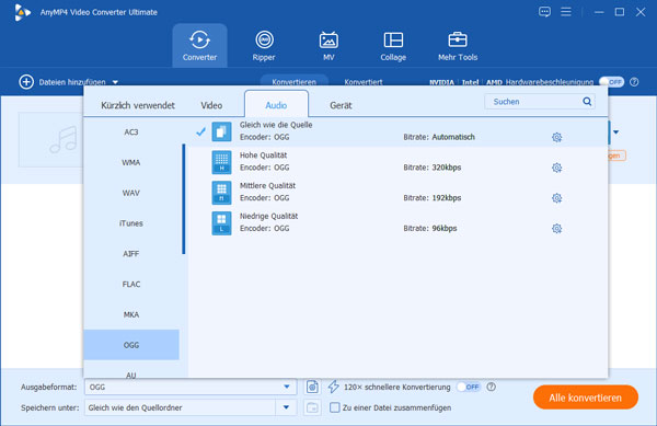 OGG auswählen und anpassen
